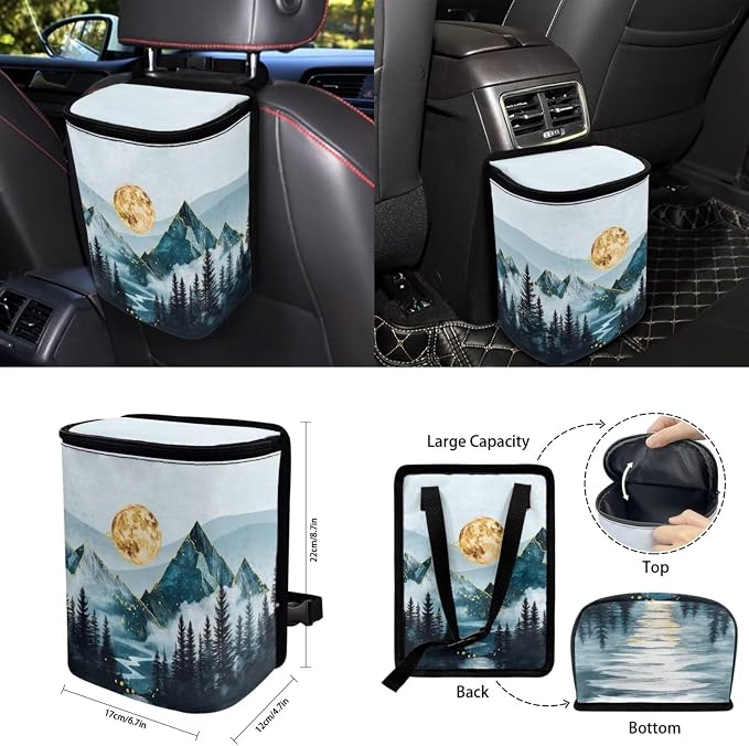 Ink Wash Mountain 15 PCS Car Seat Cover Set with Auto Steering Wheel Cover Seat Belt Strap Protector Cup Holder Trash Bag Rear View Mirror Protector Keychain