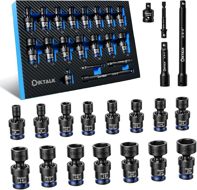 Professional 3/8" Drive Universal Impact Swivel Socket Set, 19-Piece Metric Wobble Socket Set (8-22mm) with Extensions Bars & Socket Adapters, Drill Bit Adapter, Cr-Mo Steel