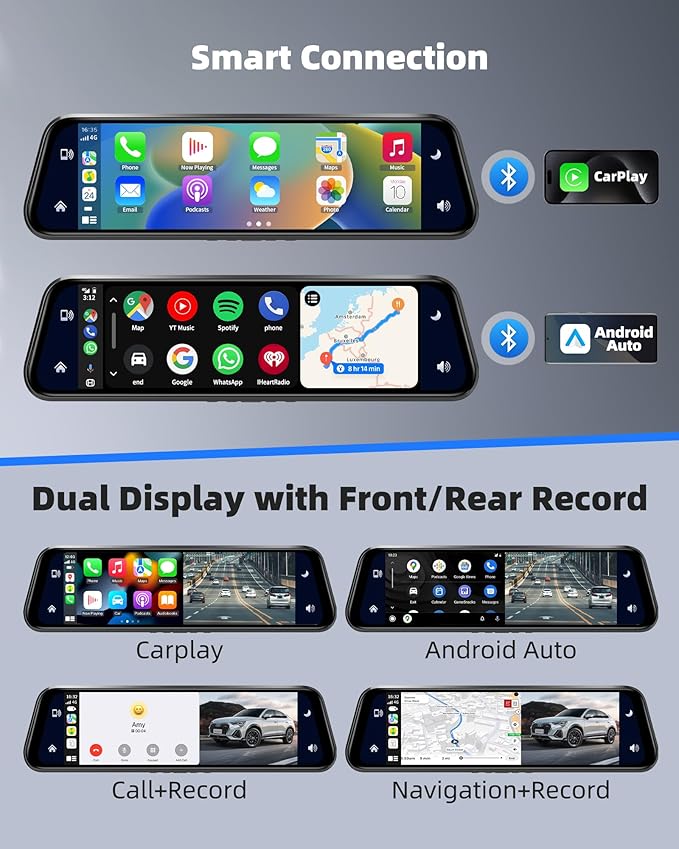 2.5K Mirror Dash Cam with Carplay&Android Auto,10" Rear View Mirror Camera for Cars/Trucks with Voice Control/ 64GB Card/Touch Screen/Parking Monitor/Reverse Assist/Dual Loop Record/WDR Tech
