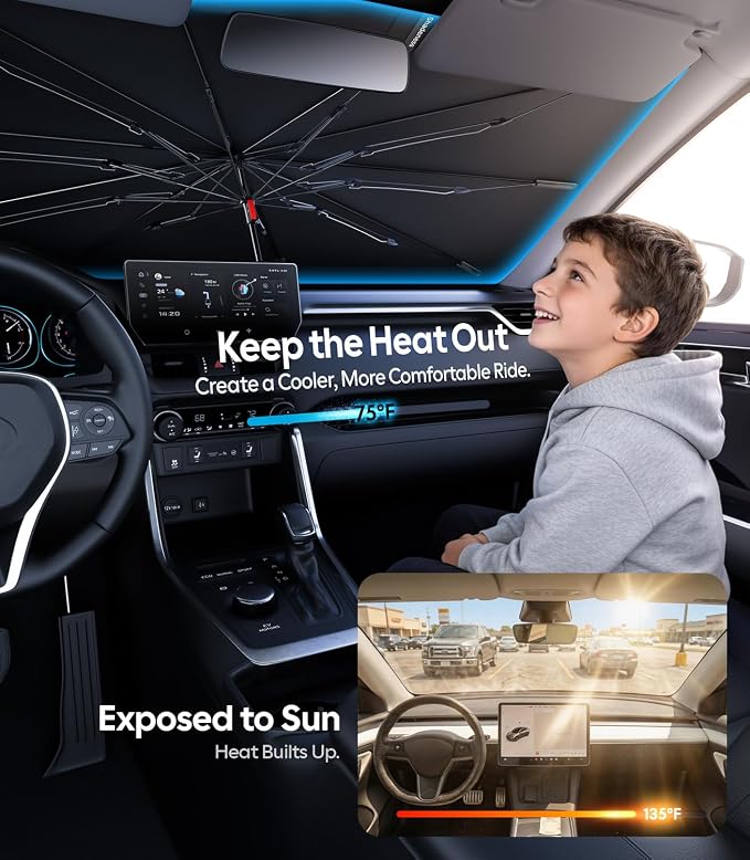 Wigoo Car Windshield Sun Shade Umbrella, UV Block & Heat Insulation, Reinforced Shaft Foldable Sunshade Keeps Car Cool & Protects Interior, Universal Fit for Compact Sedan, A14 (37.2 * 25.2 in)
