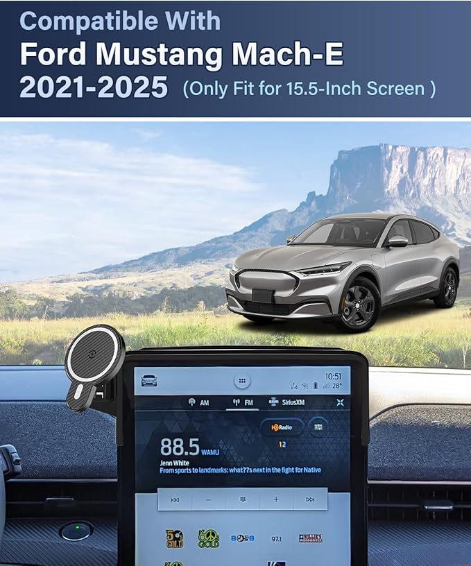 PZK Car Phone Holder for Ford Mustang Mach-E 2021 2022 2023 2024 2025 Accessories 15.5-Inch Screen Fixed Clip Magnetic 15W Fast Wireless Charger Phone Mount with Sunglasses Storage Box 360° Rotation