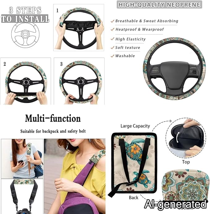 Dreaweet Sea Turtle Seat Covers for Cars Full Set 15 Pcs Universal Boho Steering Wheel Cover Seat Belt Pads Car Coasters Trash Bag Air Vent Storage Pouch Rear View Mirror Cover Keychain
