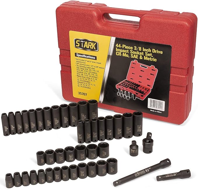 Stark USA 44-Pieces Impact Socket Drive Set 6-Point SAE & Metric Deep Shallow Standard 3/8" Drive SAVE (5/16" - 3/4-in) and Metric (8mm - 19mm) Extension Bar + Carrying Case
