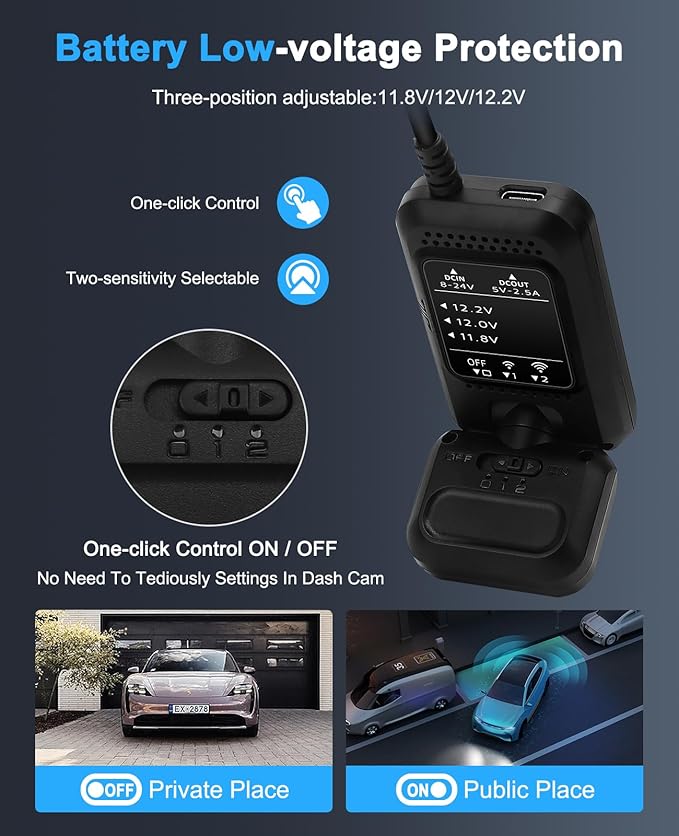 Dash Cam Hardwire Kit USB C Port,with Dual-Chip 360° Radar Sensor for 24H Parking Mode Dashcam, Dashboard Camera Car Charger Cable Kit 12V- 24V to 5V w/Fuse Kit, Low Voltage Protection (XJDCRL001)
