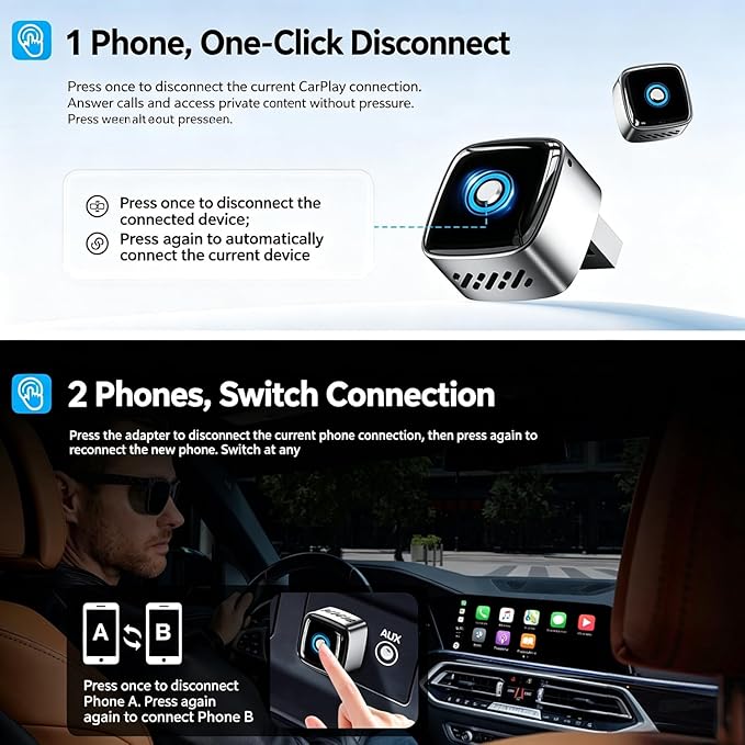 Ultra Mini Wireless CarPlay Adapter for iPhone & Android Auto, 2-in-1 Wired to Wireless CarPlay Dongle,One-Click Switch, 5s Auto Reconnect, 5.8GHz WiFi+BT5.4, Compatible with iOS10+& Android10+,silver