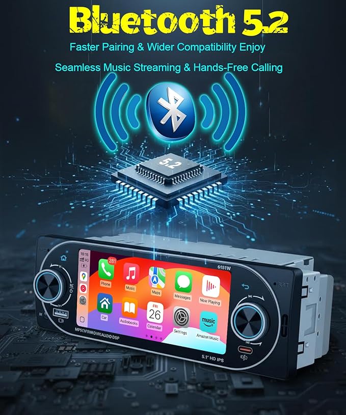 5.1" Single Din Car Stereo Wireless Apple CarPlay Android Auto, IPS Touchscreen Car Radio Bluetooth 5.2, FM/AM/RDS, USB Type-C Fast Charging, 4×45W Car Audio, Backup Camera, Fits Most Single DIN Cars