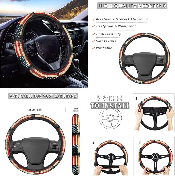 Xoenoiee 4th of July Patriotic 11 Pieces Car Seat Covers Interior Accessories Set Universal Fit with Steering Wheel Cover, Seat Belt Pads, Keychain, Cup Coasters, American Flag Pattern