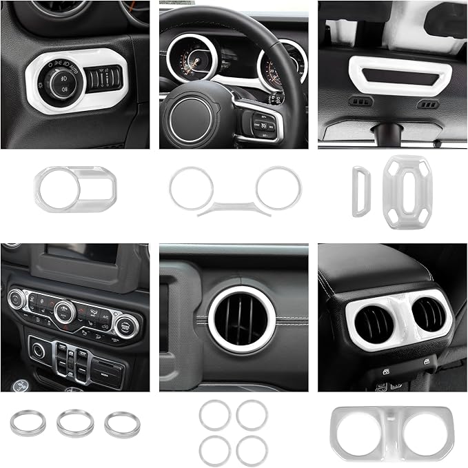 CheroCar White 20PCS Interior Trim Kit for Jeep Wrangler JL JLU & JT Gladiator 2018-2023,Dashboard,Steering Button Frame,AC Switch,Roof Speaker,Reading Light,Headlight Switch,Rear Air Vent Trim
