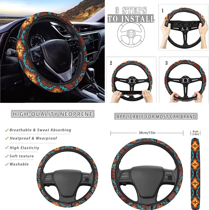 AFPANQZ Vintage Aztec Graphics Car Seat Covers - Full Set with Steering Wheel, Gear Shift Knob, Handbrake Covers, Seat Belt Shoulder Pads, Cup Holder - Universal 11 Piece Gift - Brown & Red
