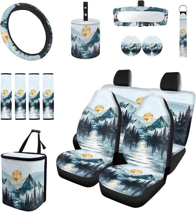 Ink Wash Mountain 15 PCS Car Seat Cover Set with Auto Steering Wheel Cover Seat Belt Strap Protector Cup Holder Trash Bag Rear View Mirror Protector Keychain