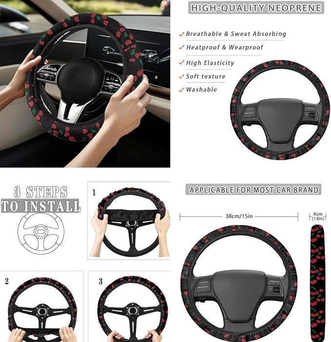 Red Cherry 12 Pack Car Seat Covers Full Set Steering Wheel Cover Car Center Console Cover Protector Cars Seat Belt Covers Hand Brake Cover Universal Fit for Cars SUV