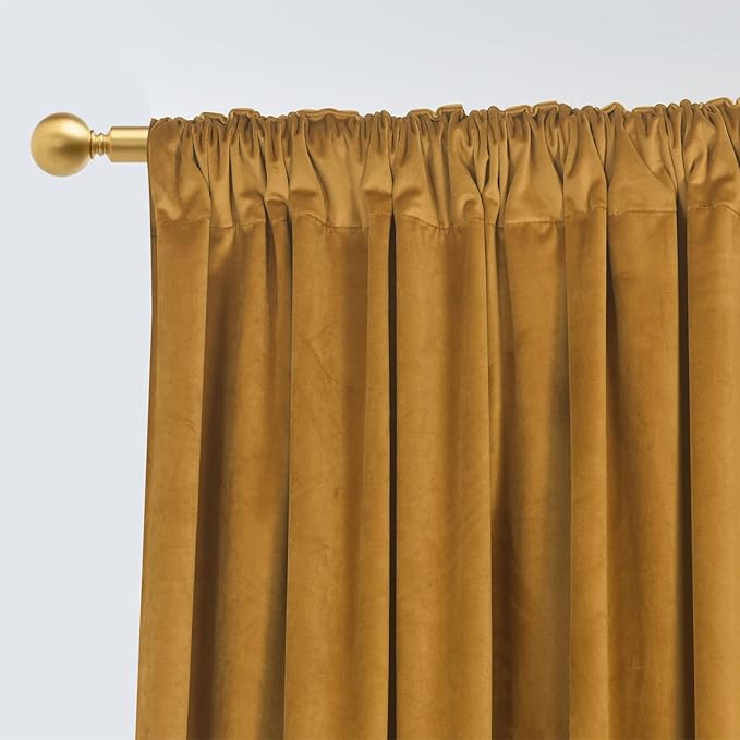 Roslynwood Luxury Soft Mustard Velvet Curtains 96 inches Long Back Tab Thermal Insulated Blackout Window Drapes for Living Room/Bedroom/Dining Room, W52 x L96, 2 Panels