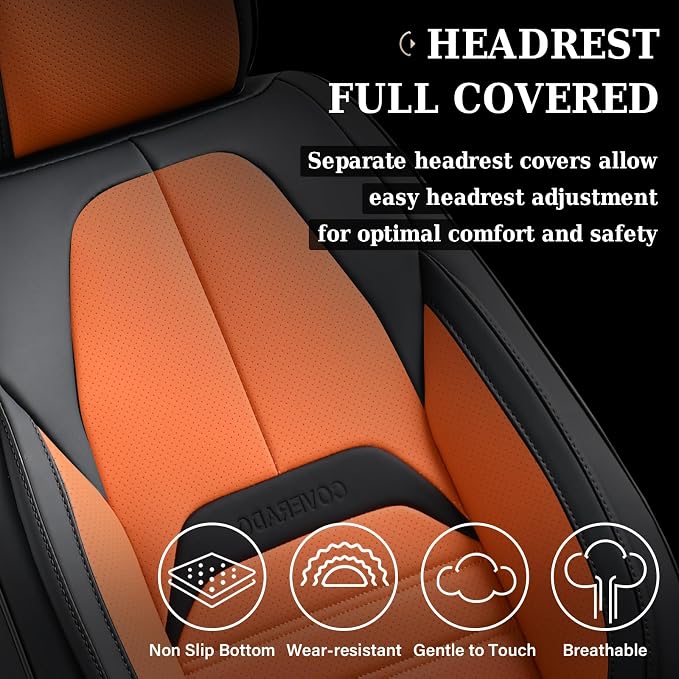 Coverado Car Seat Covers Full Set, Seat Covers for Cars, Automotive Seat Covers, Waterproof Nappa Leather Front Seats and Back Car Seat Protector, Universal Fit for Most Cars SUV Trucks,Black&Orange