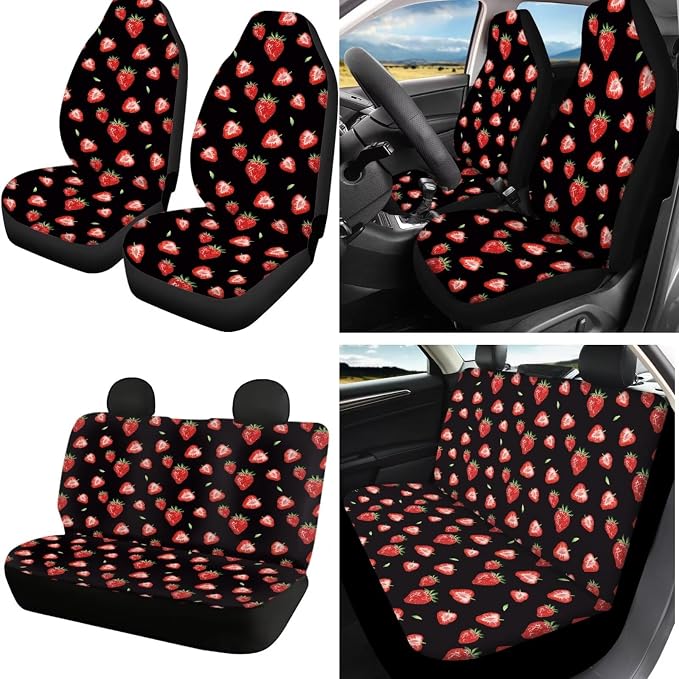 16 Pcs Strawberry Car Seat Covers Full Set Black Car Sunshade for Windshield Auto Steering Wheel Cover Armrest Cushion Head Rest Protector Seat Belt Covers with Keychain Fruit Accessories