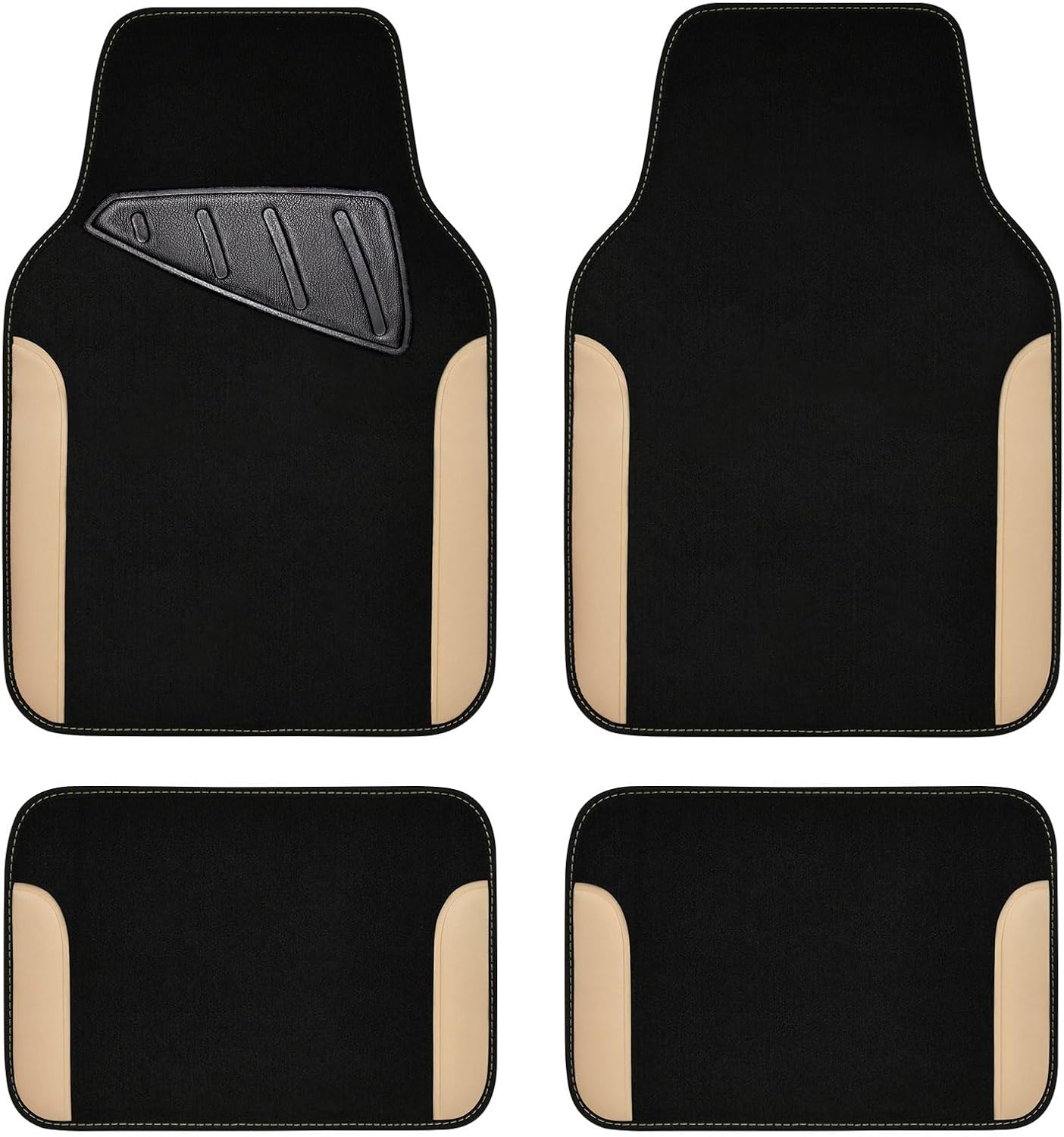 CAR PASS Waterproof Car Floor Mat, Universal Fit Car Mats with Driver Heel Pad, Leather Car Carpet, Anti-Slip Nibbed Backing Floor Mats for SUV, Vans,Sedan,Truck, Automotive Floor Mats (Black Beige)