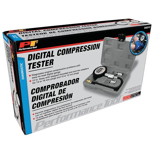 Performance Tool W89747 Digital Compression Tester - Accurate Diagnosis for Engine Performance, 300 PSI Gauge, Quick Disconnect Fitting, Stepped Adapters, Auto Shut-Off, Battery Included