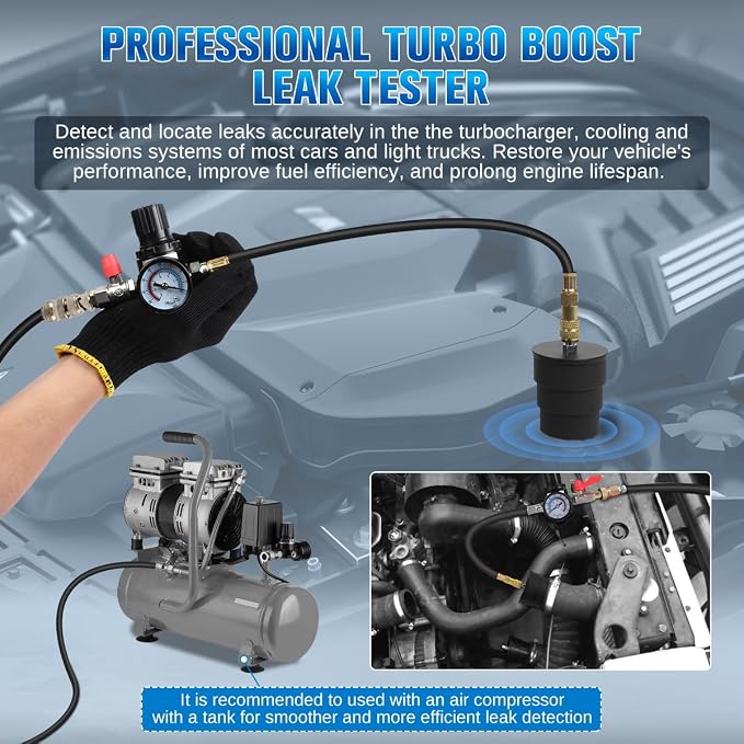 Turbo Boost Leak Tester Kit 10PC Boost Leak Tester Automotive Well-sealed Turbo/Emission/Cooling System Pressure Leakage Tester with 4 Pairs of Stepped Adapters 1-3/8" to 3-1/2", US & EU Air Fitting