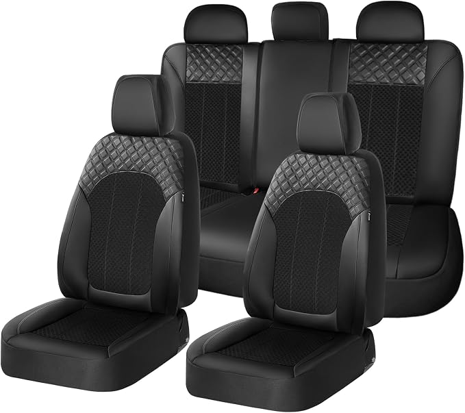 FLORICH Car Seat Covers 5 Seats Automotive Seat Covers Full Set Leather Air Mesh Seat Cover Breathable Seat Protector Interior Covers Airbag Compatible Universal Fit for Most Car SUV Truck, Black