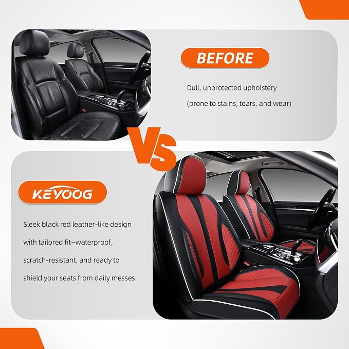 2-Seater Car Seat Covers Full Set, Fit for Front Seats of Cars, Waterproof and Breathable Nappa Leather, Compatible with Airbags, Car Seat Protector Covers for Most Cars - Black Red