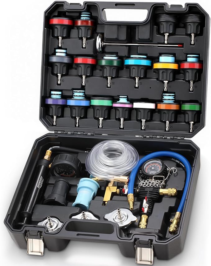 FOUR UNCLES 33pcs Radiator & Coolant Pressure Tester and Vacuum Refill Kit - Universal Cooling System Leak Tester and Refiller for Cars Motorcycles Trucks (Black)