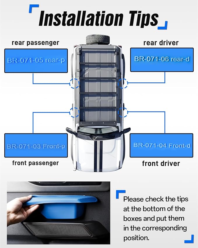 ROADER Front & Rear Door Handle Storage Organizer Compatible with Ford Bronco 2021-2025, Inner Insert Tray Box for Bronco Accessories 4-Door, Grab Create Car Storage Space by Handle Pocket 4PCS -Blue