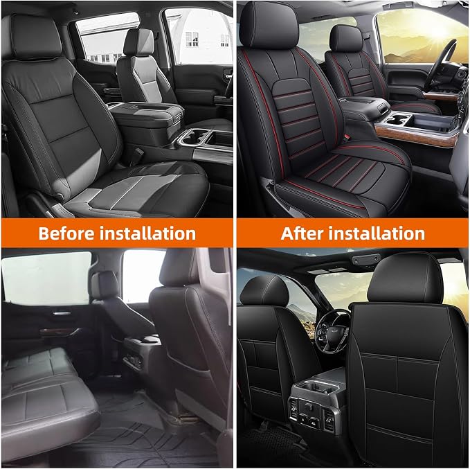 AOMSAZTO Front Seat Covers Custom Fit for Chevy Chevrolet Silverado GMC Sierra 2007-2025 2026 1500/2500/3500HD Trail Boss Z71 Crew Double Extended Cab Seat Covers Leather Waterproof (2 PCS, Black)