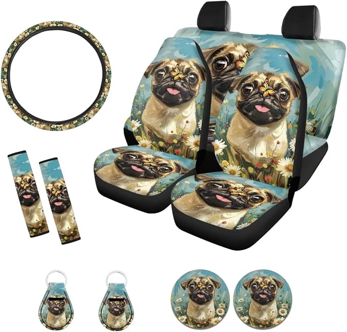 Xoenoiee Pug Dog Butterfly Floral Print Universal Car Seat Covers Full Set 11-pcs Car Interior Accessories, Car Coasters, Keychain, Steering Wheel Cover, Seat Belt Pad