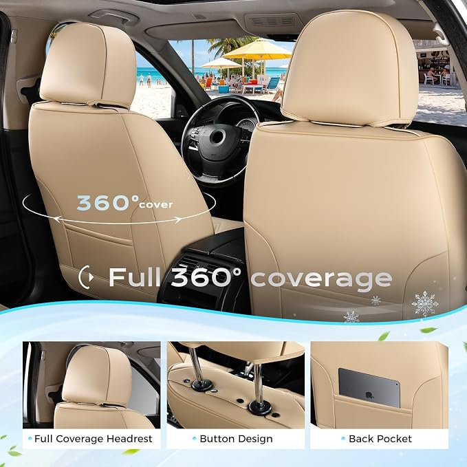 Coverado Car Seat Covers Front Seats, Waterproof Front Seat Covers Nappa Leather Seat Covers for Cars, Breathable Summer Car Seat Cushion Universal Fit for Most Cars SUV Trucks(Front, Beige)