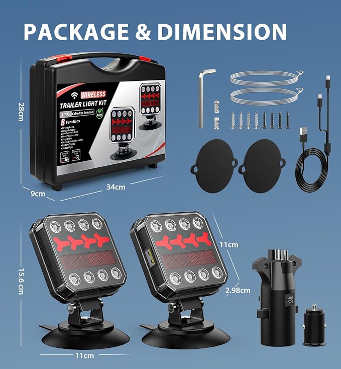 Wireless Bluetooth Magnetic Trailer Lights, Fast Charging LED Trailer Light Kits, IP65 Waterproof10H Battery 100FT Range for Trailer,Truck, RV, Camper,Boat – Brake,Turn,Reverse & Hazard Safety Lights