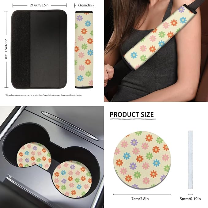 Aesthetic Car Accessories,Boho Flower Car Seat Covers Full Set for Women Lady Vehicle Interior Decor Set,Rainbow Groovy Flower Cute Steering Wheel Cover+Seatbelt+Hippie Vehicle Cup Mat+Keyring