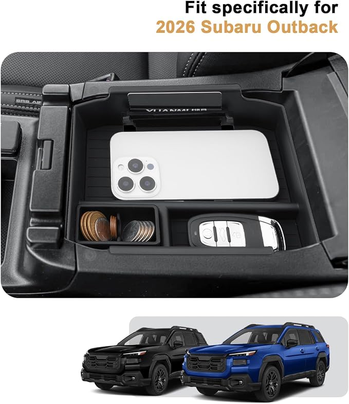 ECOZEN Center Console Organizer For 2026 Subaru Outback - Armrest Box Storage Tray With Removable Coin Holder - Compatible with 2026 Outback Accessories Armrest Organizer Solid ABS with Anti-Slip Mat