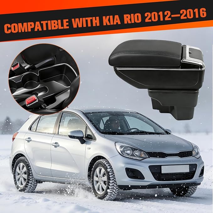 Armrest Box Compatible with Kia Rio 2012 2013 2014 2015 2016, Double Layer Black Leathe Center Console Organizer with 7 USB Ports, Adjustable Armrest Pad, Cup Holder,Ashtray(Black Thread)