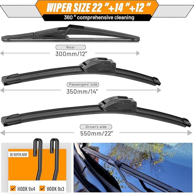 OEM Windshield Wiper Blade Replacement for Nissan Juke 2011 2012 2013 2014 2015 2016 2017 Original Equipment All-Season Rear Wiper Blade Set 22+14+12 (Set of 3)