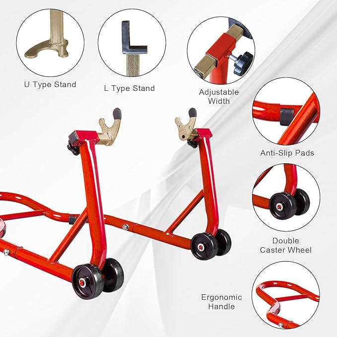 Big RED Motorcycle Stand Rear Combo Wheel Lift Stands, 850LBS Capacity, Adjustable Swingarm Spool with U+L, Fit for Yamaha, Kawasaki, Honda, Suzuki, Red