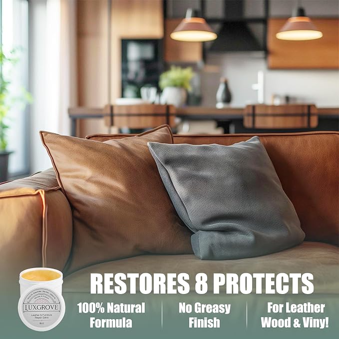 LUXGROVE® Wood & Leather Furniture Repair Salve with Brush, Conditioner & Polish for Couches, Car Seats, Tables, Cabinets, Shoes, Purses, Boots & Saddles, Helps Revive Dry, Dull & Scuffed Surfaces,8oz