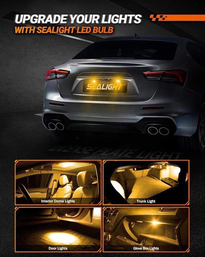 SEALIGHT 194 LED Light Bulbs Amber ＆ Yellow, W5W 168 2825 T10 Car Interior Light Bulb Replacement for License Plate Light, Dome Light, Map Light, Courtesy Light, Pack of 6