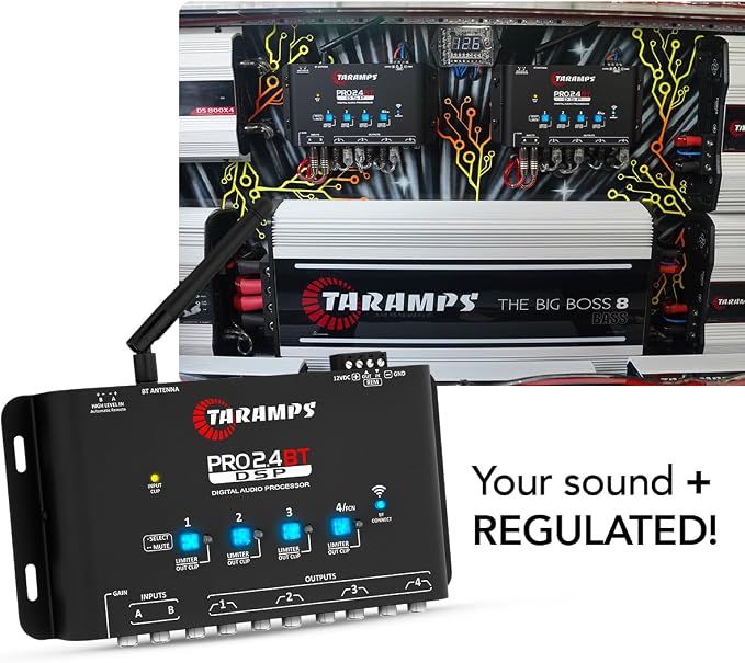 Taramps Pro 2.4 BT Bluetooth DSP Crossover Full, Digital Signal Processor, Car Audio Equalizer with App, Gain up to 9V, 15 Band Graphic Equalization, 12 preset EQ, 2 in and 4 Out, High Level Input