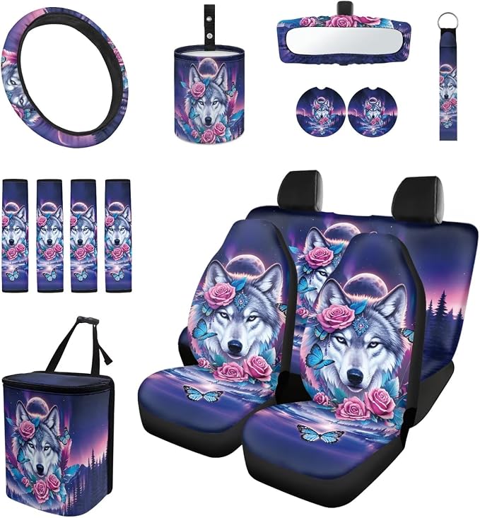 Galaxy Auto Interior Accessories Rose Wolf Car Seat Covers with Auto Steering Wheel Cover Seat Belt Covers Car Trash Can View Mirror Cover Coaster Keychains
