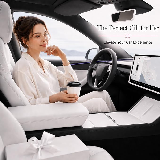 4Pcs White Soft Silicone Interior Kit for Tesla Model 3 Highland 2024-2026 & for Model Y Juniper 2025-2026, Center Console Cover, Screen Bezel, Charging Pad Mat, Mirror Frame