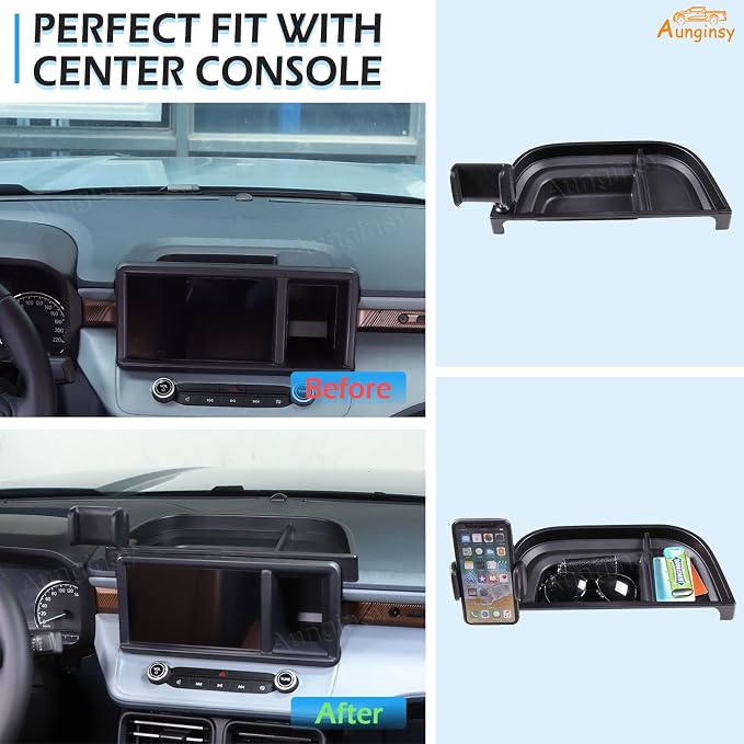 Aunginsy Center Console Dash Storage Tray Compatible with Ford Maverick 2022 2023 2024 Dashboard Multi-Functional Phone Holder Storage Box Organizer Tray Insert with Mobile Phone Mount Accessories