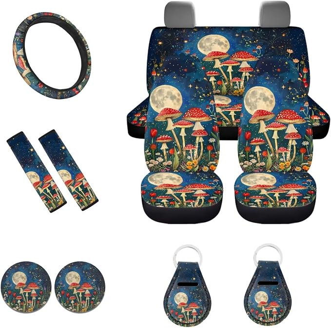 POLERO Starry Night Mushroom Seat Cover Set for Cars Cottagecore Floral Car Interior Accessories with Steering Wheel Cover Cute Keyrings, 11 Pcs