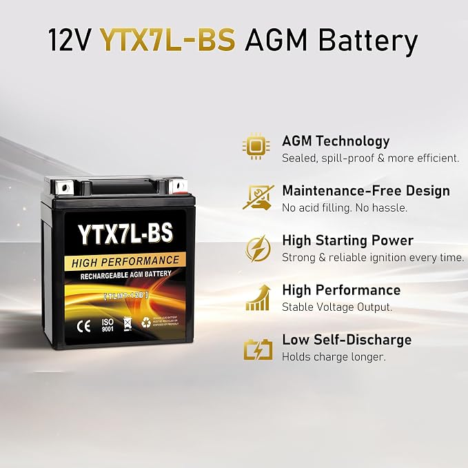 YTX7L-BS 12V 7Ah AGM Sealed Motorcycle Battery, Maintenance-Free, Compatible with Honda Kawasaki Suzuki Yamaha 4 Wheeler ATV Scooter