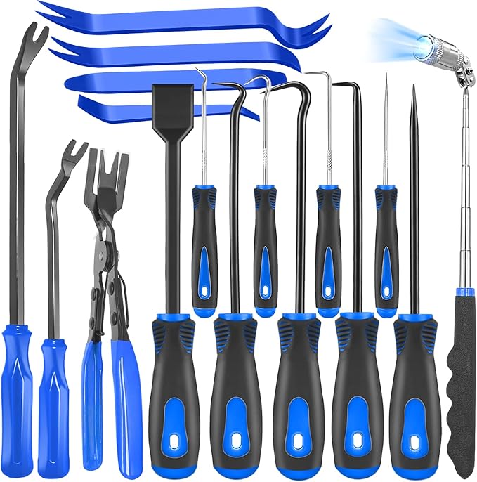 DOAHO 17Pcs Mechanic Hook and Pick Tool Set & Car Trim Removal Kit with Fastener Clip Pliers,Rivet Puller,Magnetic Pickup,Gasket Scraper,Non-Scratch Plastic Pry Tools for Automotive Repair-Blue
