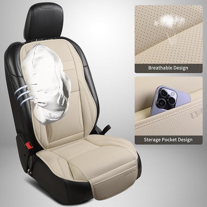 Car Seat Cover Protector for Front Seats – Waterproof, Breathable Faux Nappa Leather, Airbag Compatible, Dual Support for Waist & Legs, Universal Fit for Sedans, SUVs, Pickups (2pcs,Beige)