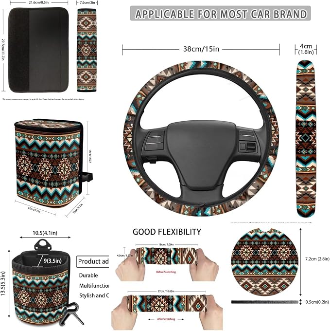 Dreaweet Navajo Seat Covers Full Set Native American Tribal Geometric Pattern Car Seat Cover Steering Wheel Cover Seat Belt Pads Trash Bag Vent Storage Bag Rearview Mirror Cover Coasters Keychain 15pc