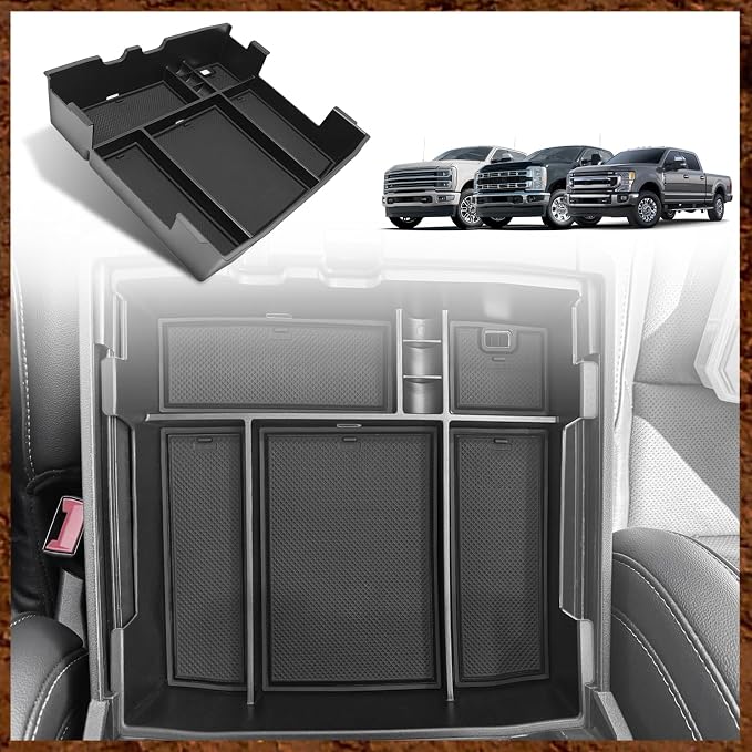 Muslogy Center Console Organizer(Fit With OEM Tray) (Black)& Extra Thick Armrest Cover (Bucket Seat Only) Compatible with Ford F250 2023-2024
