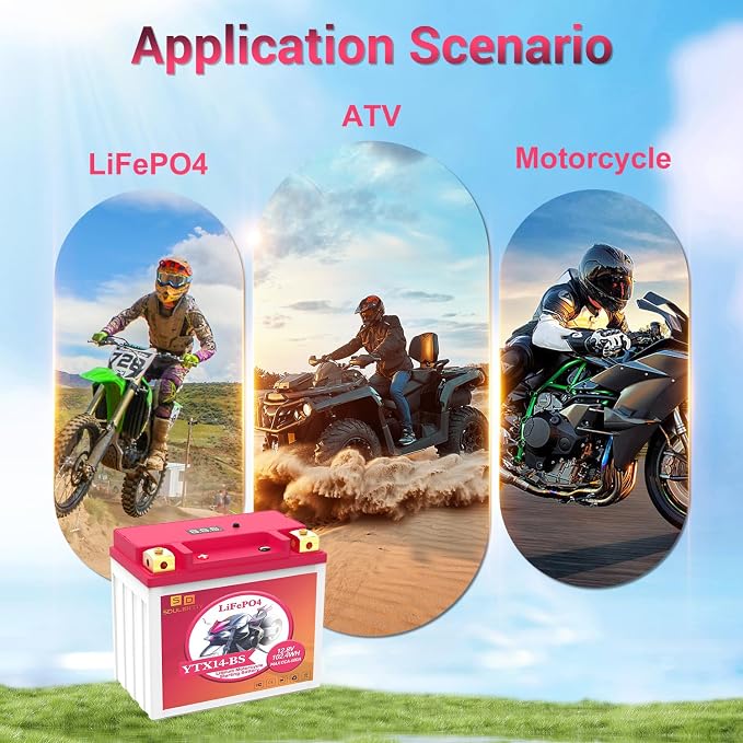 YTX14-BS Lithium Motorcycle Battery, ATV Battery 12V 8AH 600CCA Powersports LiFePO4 Engine Start Compatible ATV, UTV, Jet Ski, Quad, Lawn Mower, Tractor, Scooter, Generator