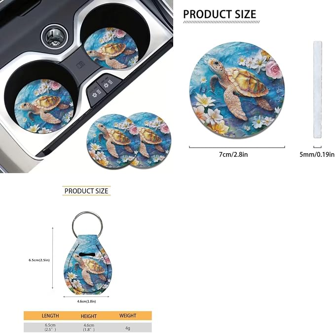 Suobstales Turtle Flower Print Car Accessories Car Seat Covers Full Set with Steering Wheel Cover + Seat Belt Covers Shoulder Pads + Coasters + Keychains Interior Cover Set of 11