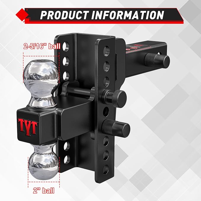 TYT Adjustable Truck Trailer Hitch for 2 inch Receiver, 6" Drop/Rise Tow Hitch with Dual Balls (2" & 2-5/16"), Compatible with Heavy-Duty Trailer Systems up to 20,000 lbs, Includes Hitch Tightener