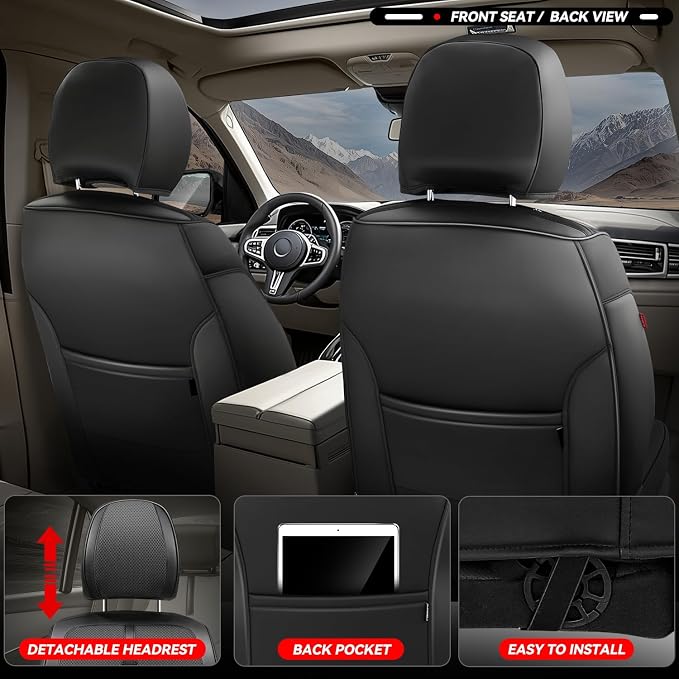 Auto Dynasty Car Seat Covers Front Set, Anti-Slip Automotive Interior Covers with Storage Pocket, Breathable Car Seat Protectors, Airbag Compatible, Universal Fit Most Vehicles, Black (Sport Series)